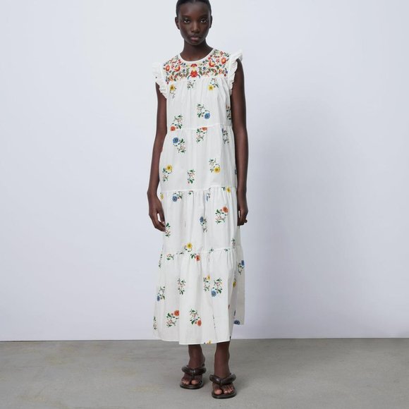 Zara White Embroidered floral Midi peasant Dress. - Picture 8 of 16